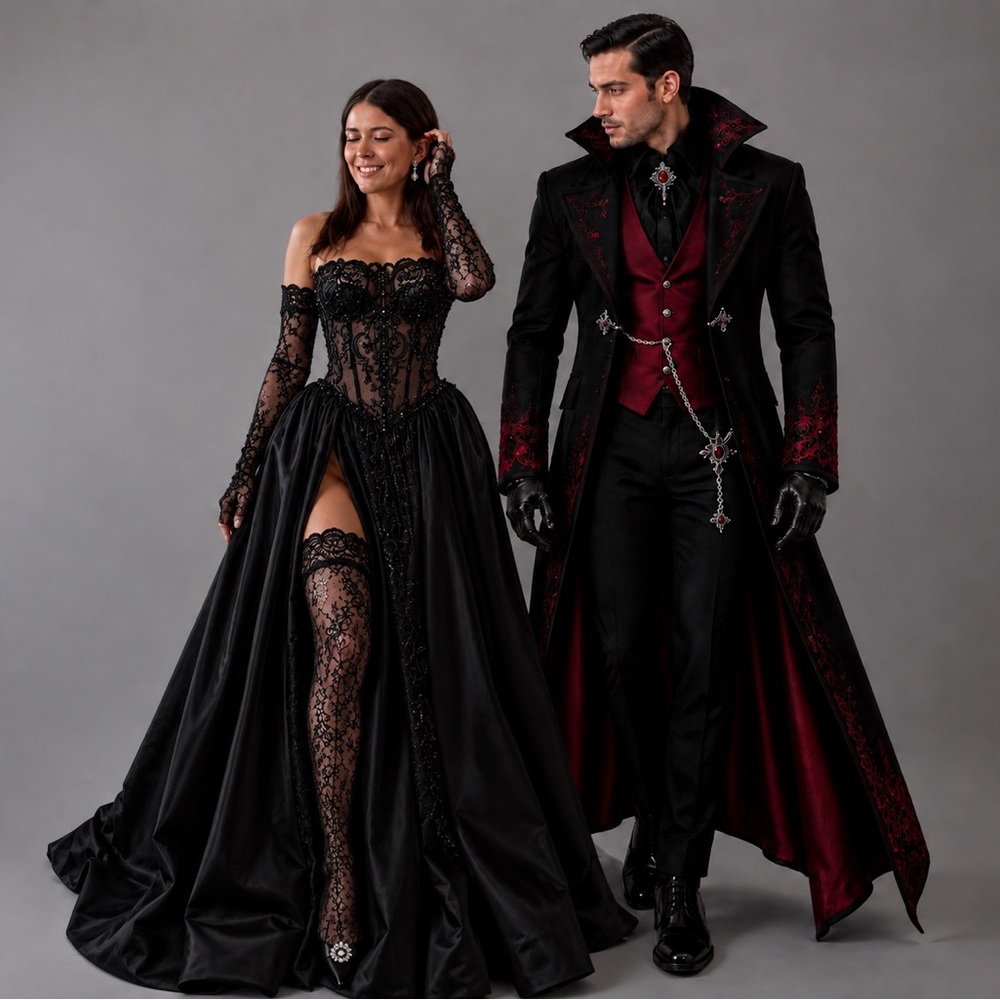 Black Lace Gothic Ball Gown Trench Coat Ensemble